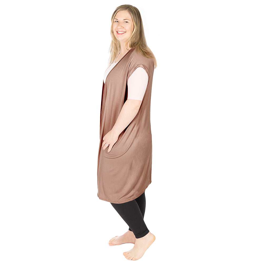 Taupe Plus Open Front Vest with Back Slit Side View