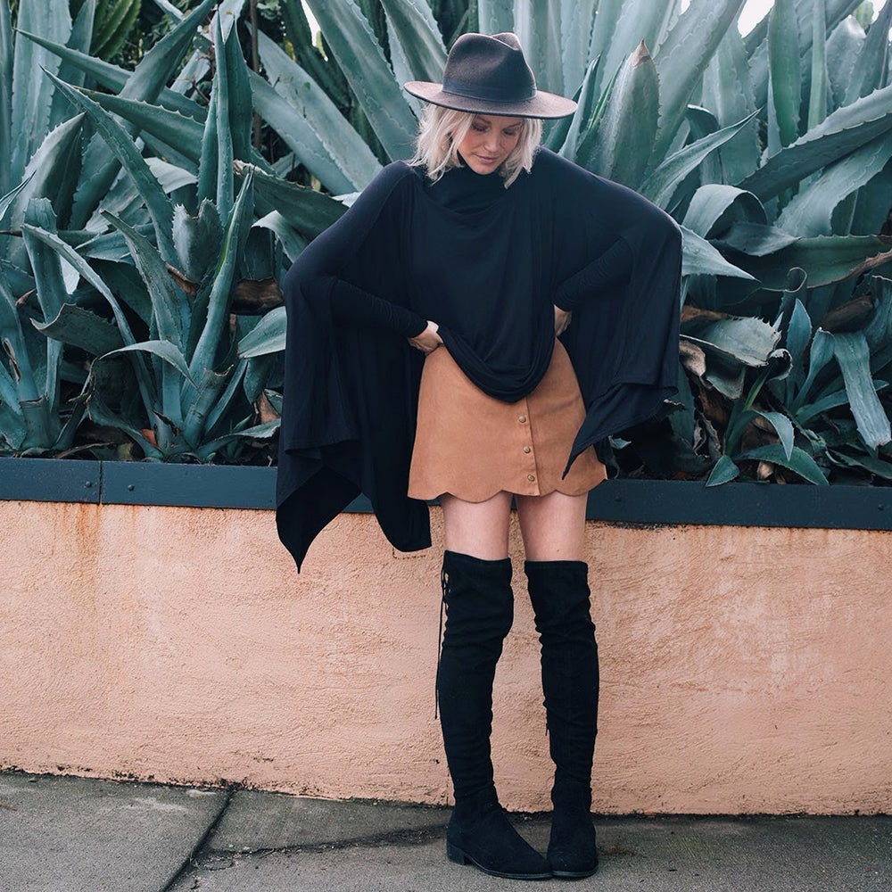 Black Standard Everyday Poncho Girl Wearing Skirt and Boots with Hat