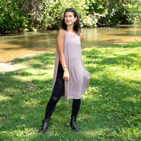 Taupe Side Slit Tunic Girl Outside Wearing Boots and Leggings