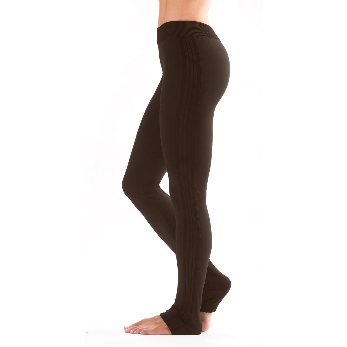 dark brown leggings with dark brown stripes down the sides of the legs
