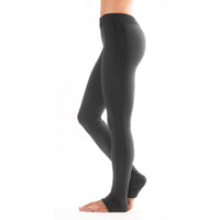 Charcoal leggings with charcoal stripes down the outside of the legs