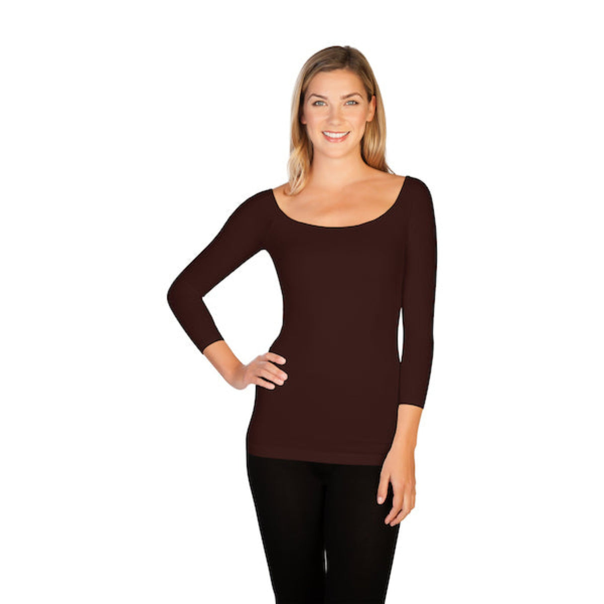 dark brown ribbed boat neck top with 3/4 sleeves.
