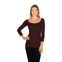 dark brown ribbed boat neck top with 3/4 sleeves.