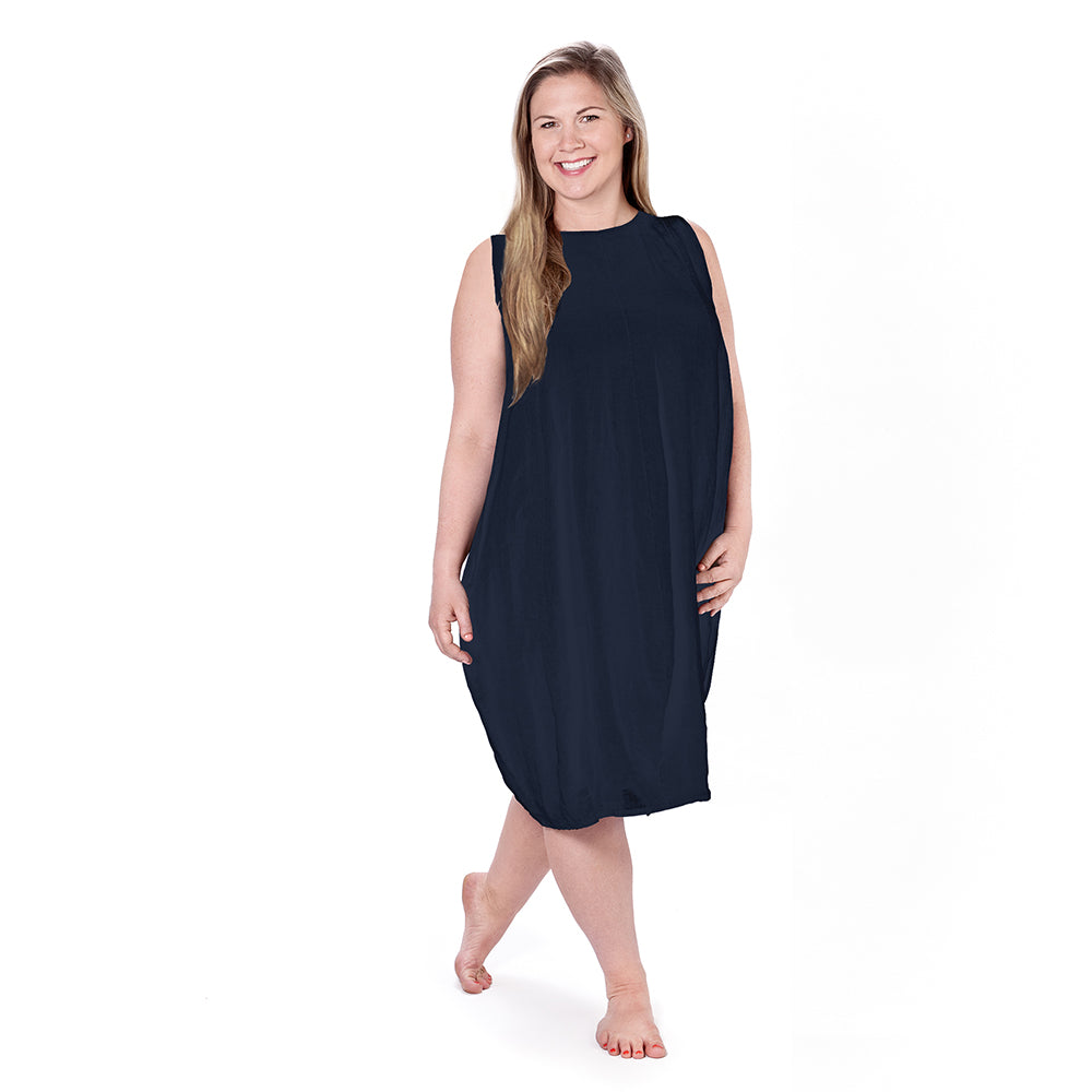 Linen Crew Neck Dress Plus / Navy