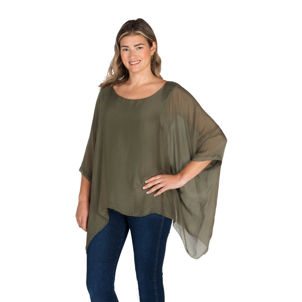 Olive Three Quarter Sleeve Solid Silk Top