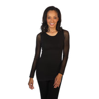 black mesh sleeved crew neck top front view
