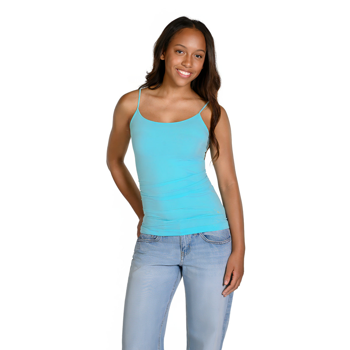 A woman modeling an aqua spaghetti-strap tank top paired with light-wash blue jeans, set against a plain white background.