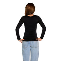 A woman viewed from the back wearing a fitted black long-sleeve top and light blue jeans against a plain white background.