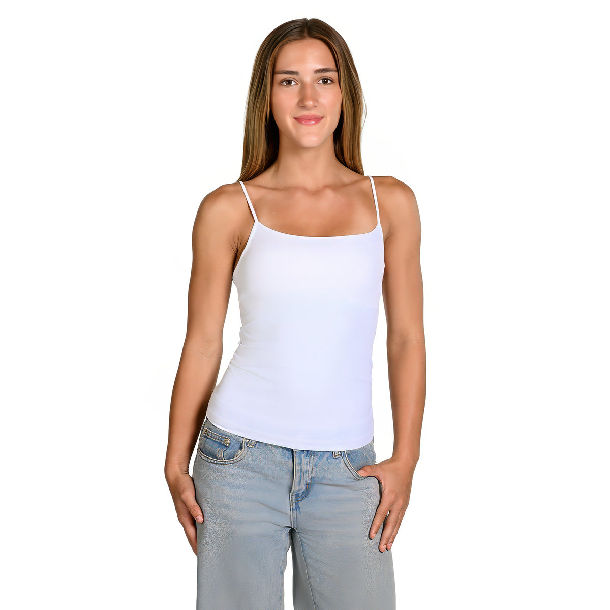 A woman modeling a white spaghetti-strap petite camisole paired with light-wash blue jeans, set against a plain white background.