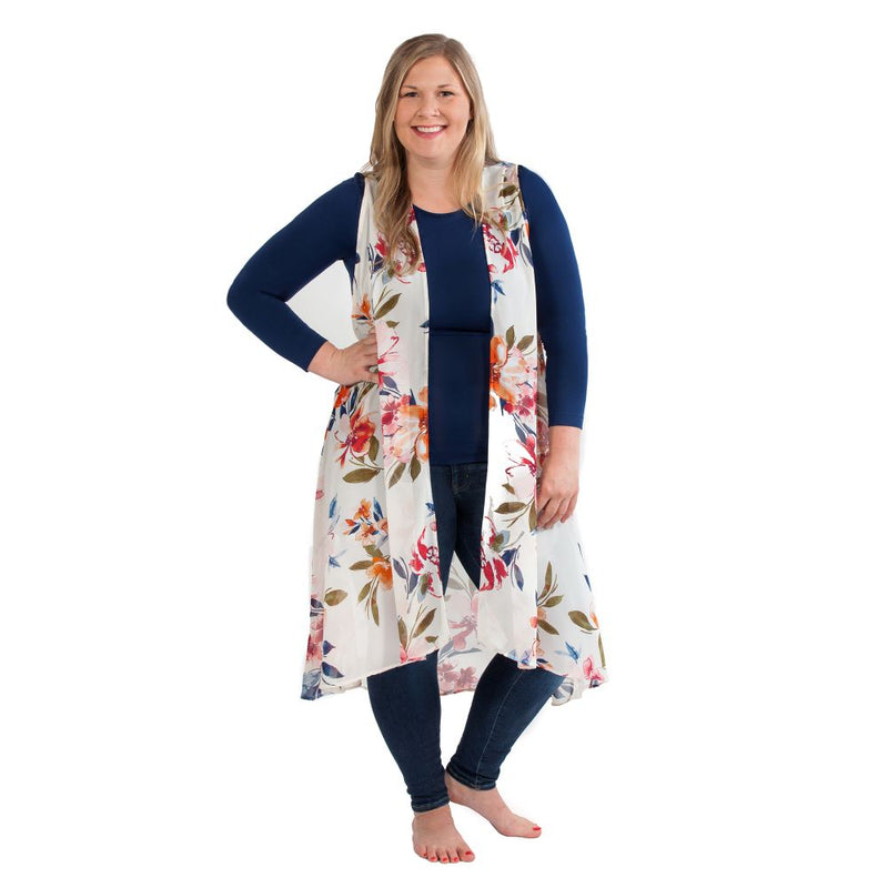 Floral Print Duster Vest Plus Model
