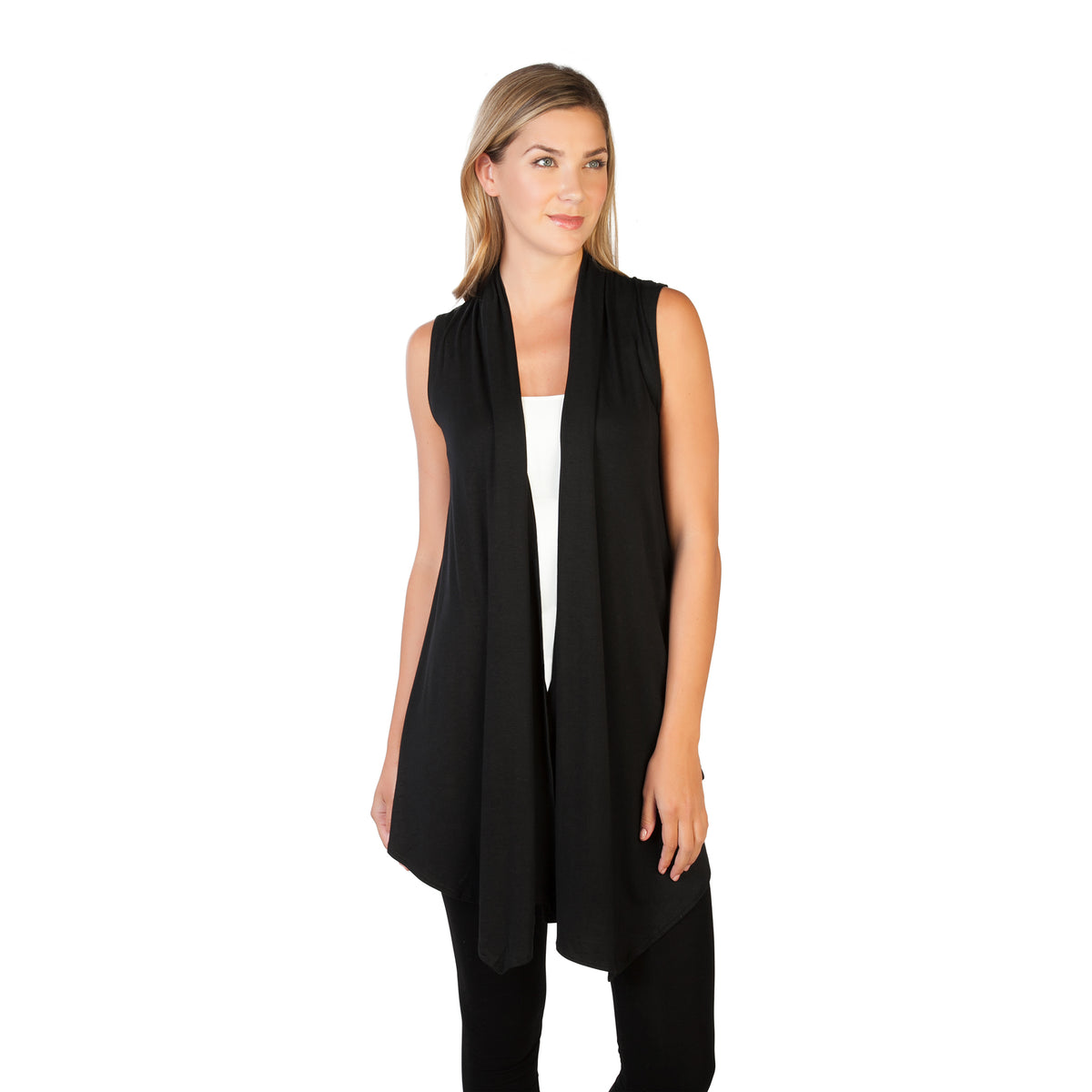 black open front vest