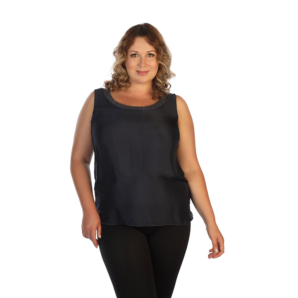 Plus Navy Silk Sequin Top