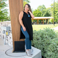 Black Plus Side Slit Tunic Girl Outside Wearing Jeans and Ankle Boots