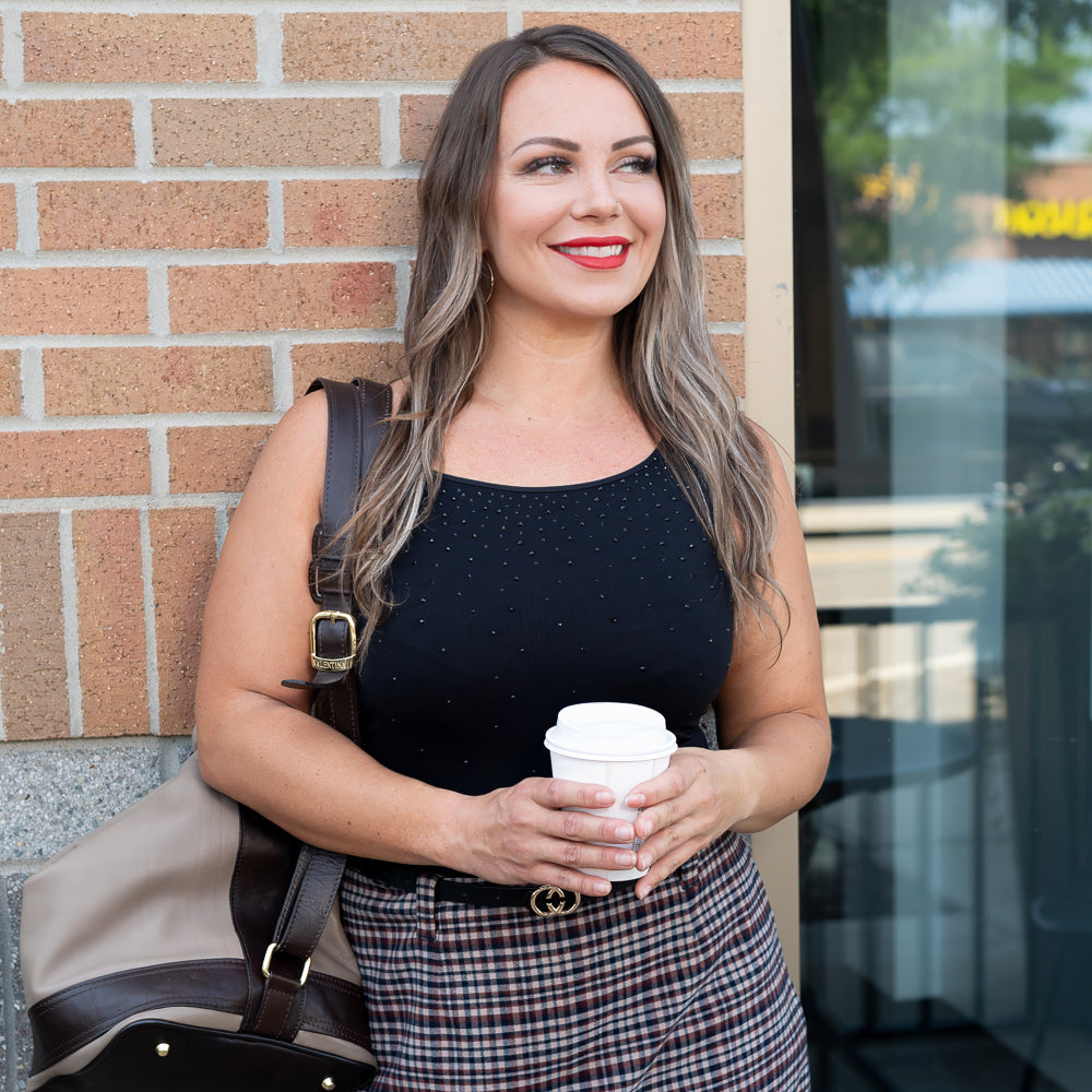 Black Plus Rhinestone Tank Top Girl Wearing Plaid Skirt with Handbag and Coffee