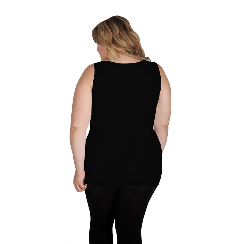 back view of woman wearing v neck tank top with full back coverage
