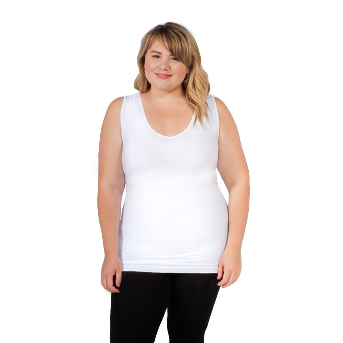 front view of woman wearing v neck tank top with full back coverage