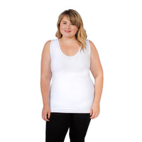front view of woman wearing v neck tank top with full back coverage