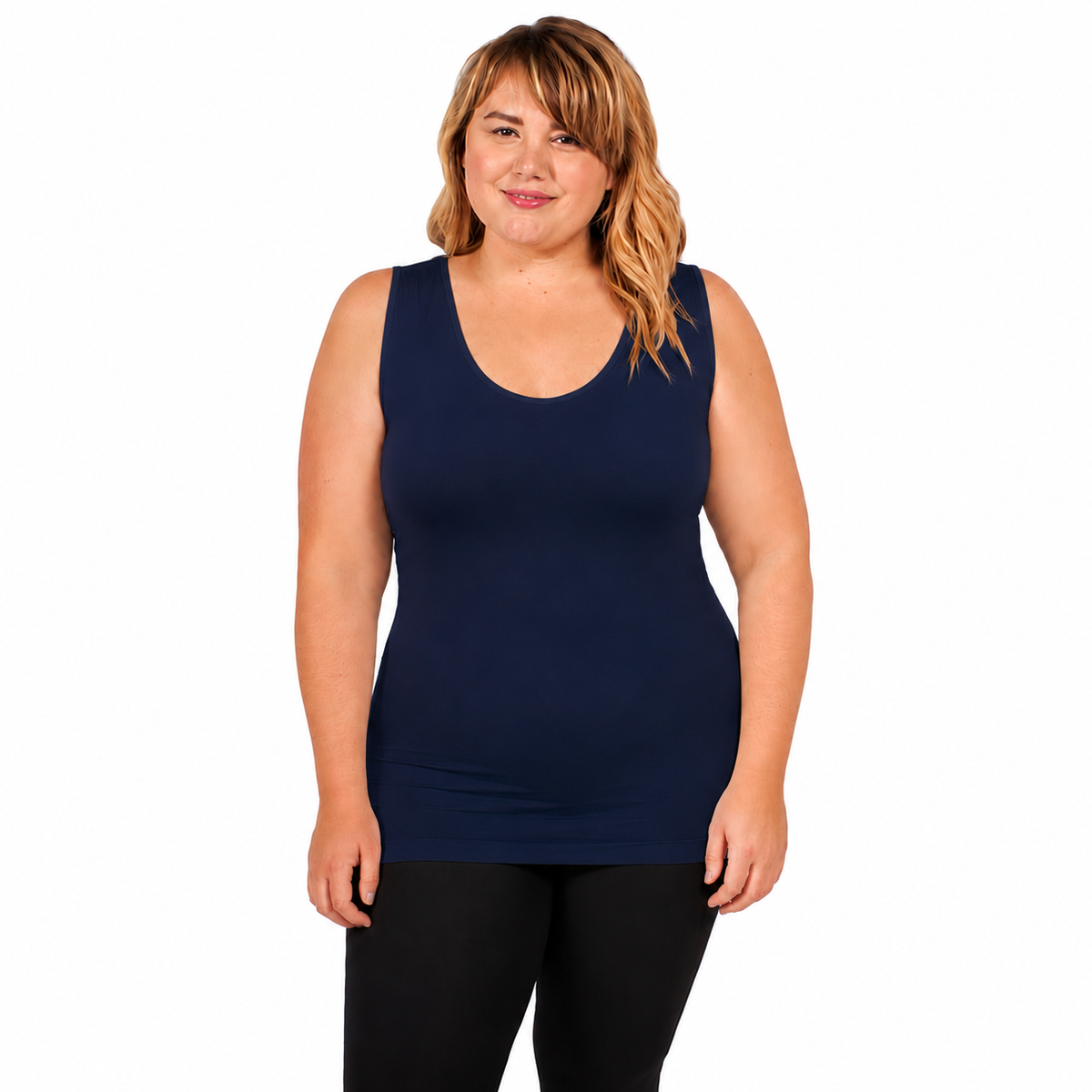 front view of woman wearing v neck tank top with full coverage in navy
