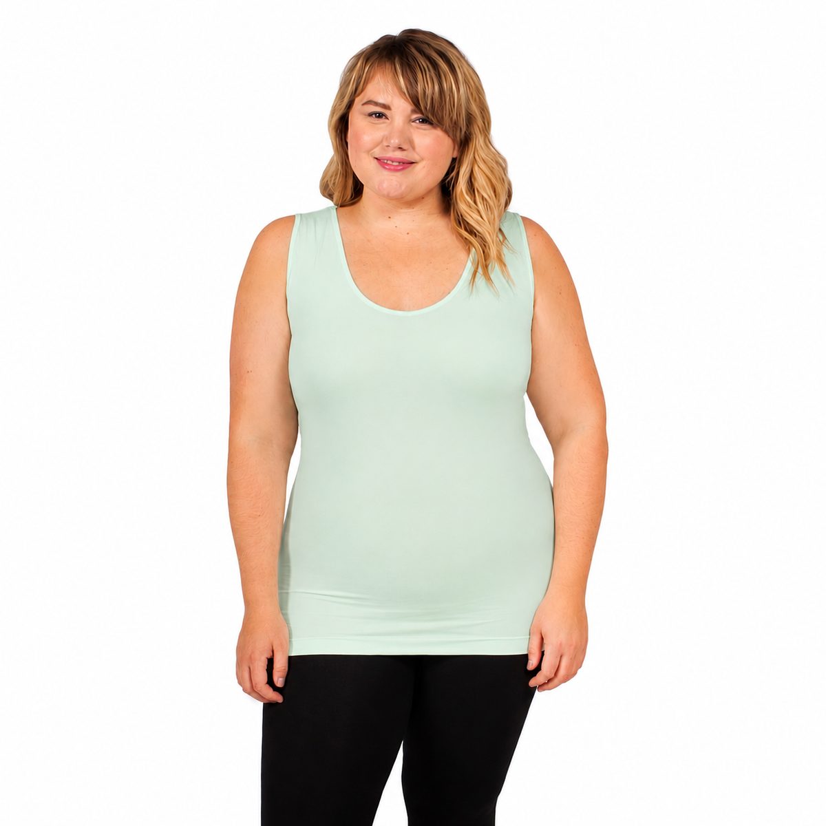 front view of woman wearing v neck with full coverage seaglass
