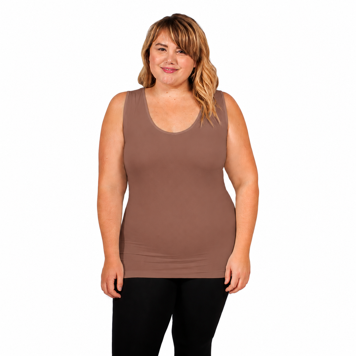 front view of woman wearing v neck full coverage tank top in taupe