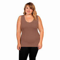 front view of woman wearing v neck full coverage tank top in taupe