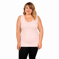 front view of woman wearing v neck full coverge tank top in baby pink