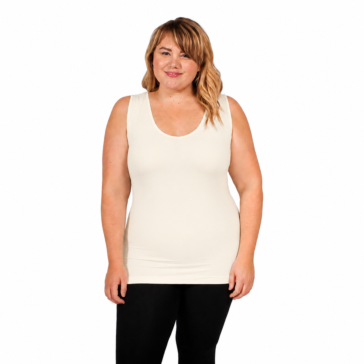 front view of woman wearing v neck full coverage tank top in ivory