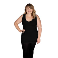 woman wearing black v neck tank top with full back coverage