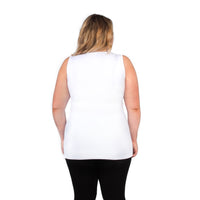 back view of woman wearing v neck tank top with full back coverage