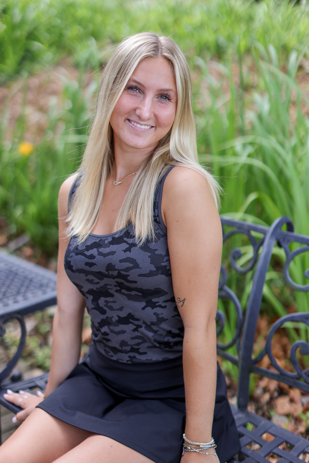Grey Camo Tank Top Girl Sitting on Bench Outside