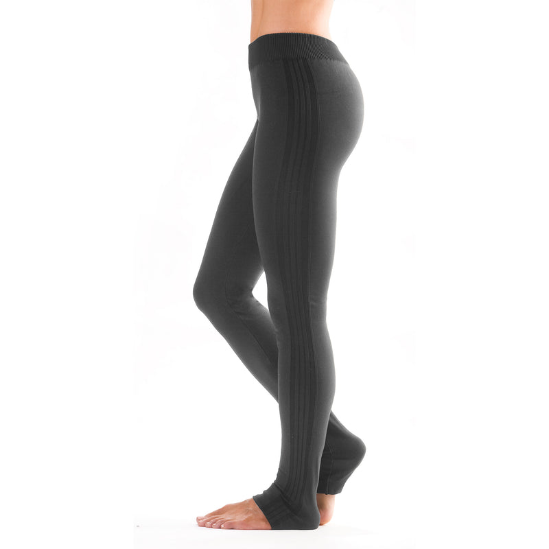 Charcoal leggings with charcoal stripes down the outside of the legs