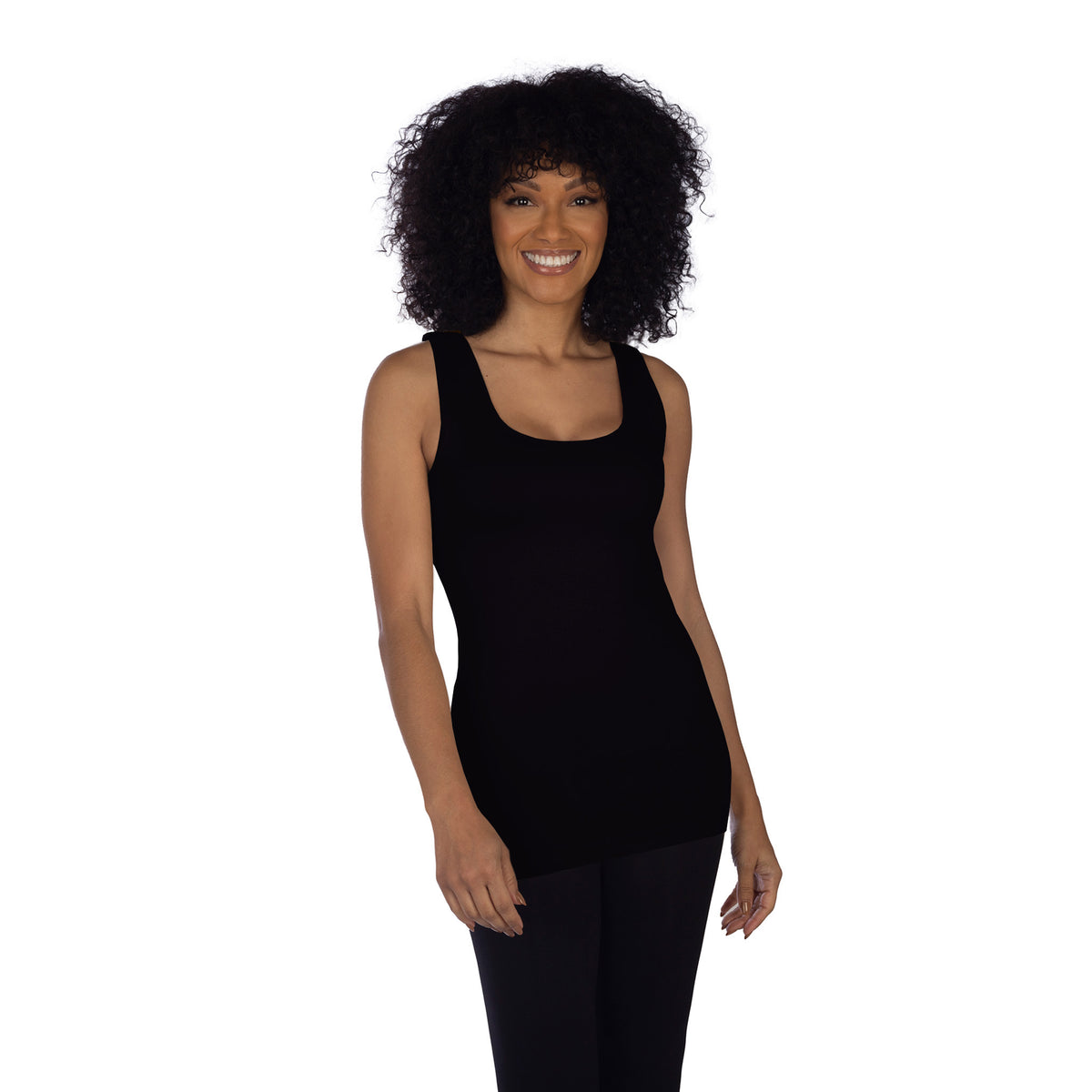Black tank top with built in shelf bra with arms in front