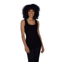 Black tank top with built in shelf bra with arms in front
