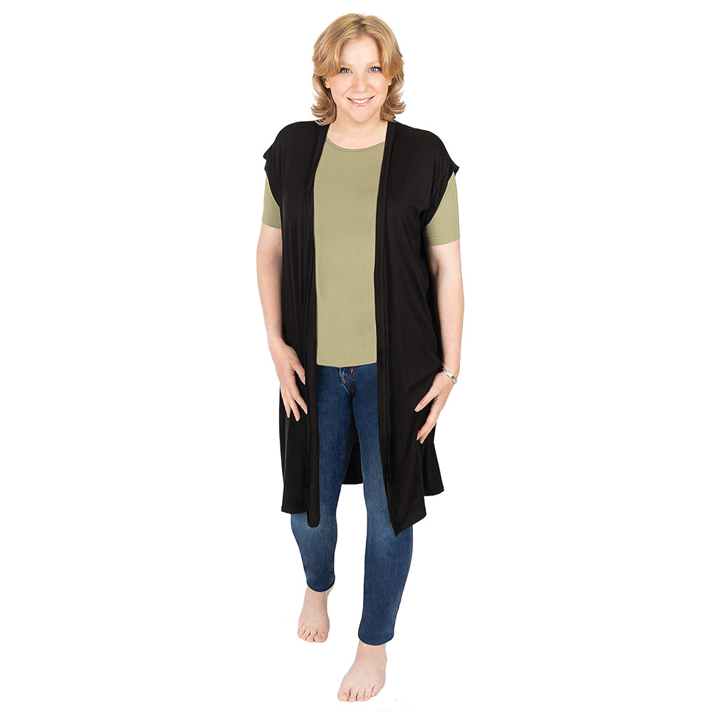 Black Open Front Vest with Back Slit