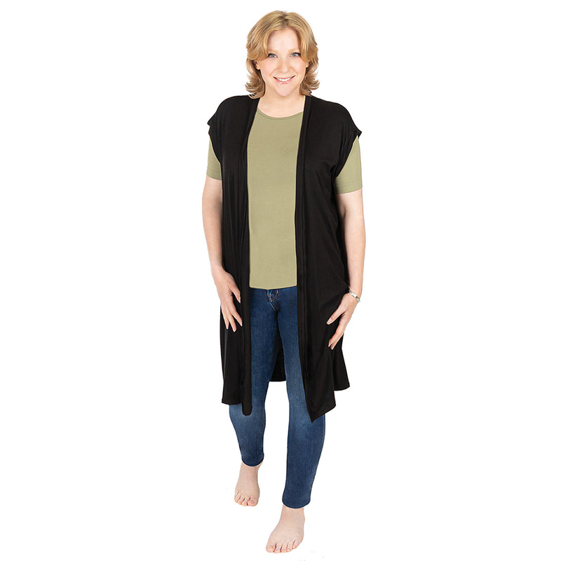Black Open Front Vest with Back Slit