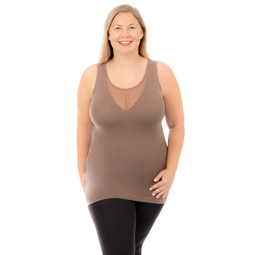 Taupe Plus Deep Mesh V Neck Tank Top