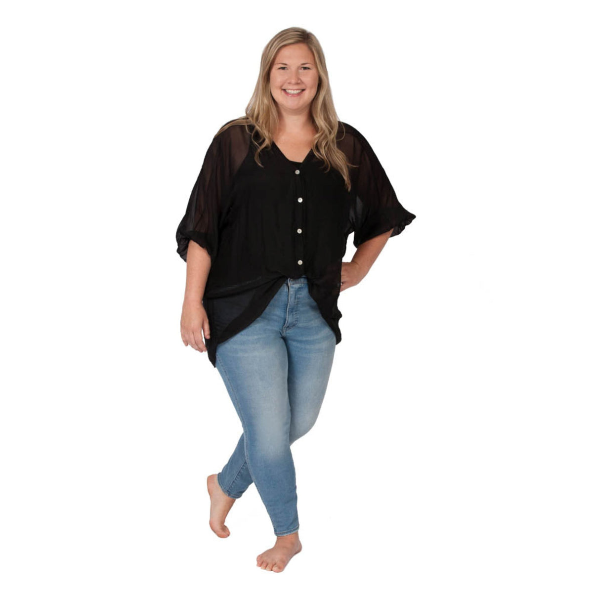 Black Plus Sheer Silk Button Down