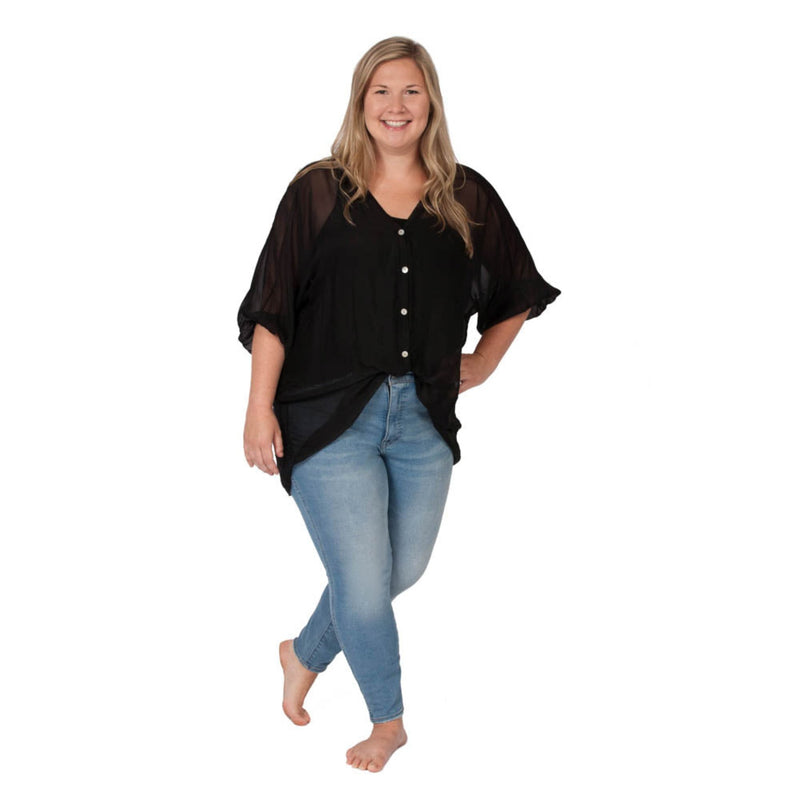 Black Plus Sheer Silk Button Down