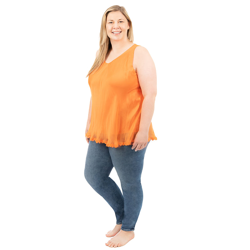 Orange Plus Silk Tank Top with Lace Trim