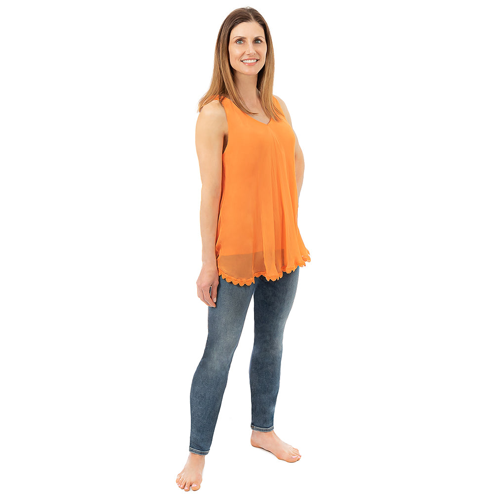 Orange Silk Tank Top with Lace Trim