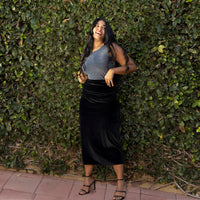 Black Plus Velvet Maxi Skirt Girl Against Ivy Wall Wearing Denim Lurex High Neck Tank Top and Heels