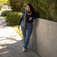 Mushroom Chunky Knit Scarf Girl Outside Wearing Jeans and Long Sleeve Scoop