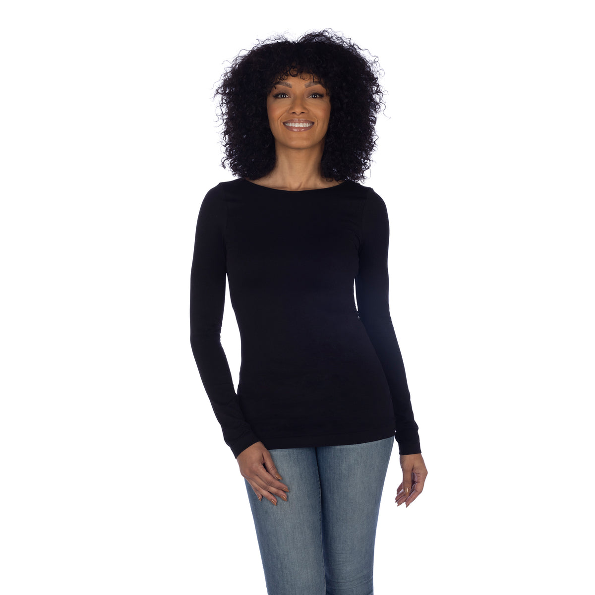 Black Long Sleeve Back Scoop Top Front