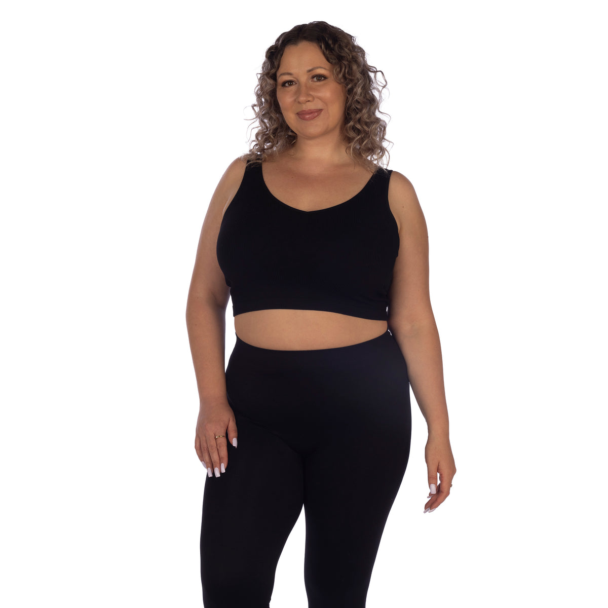 Black Plus Soft Ribbed V Neck Crop Top