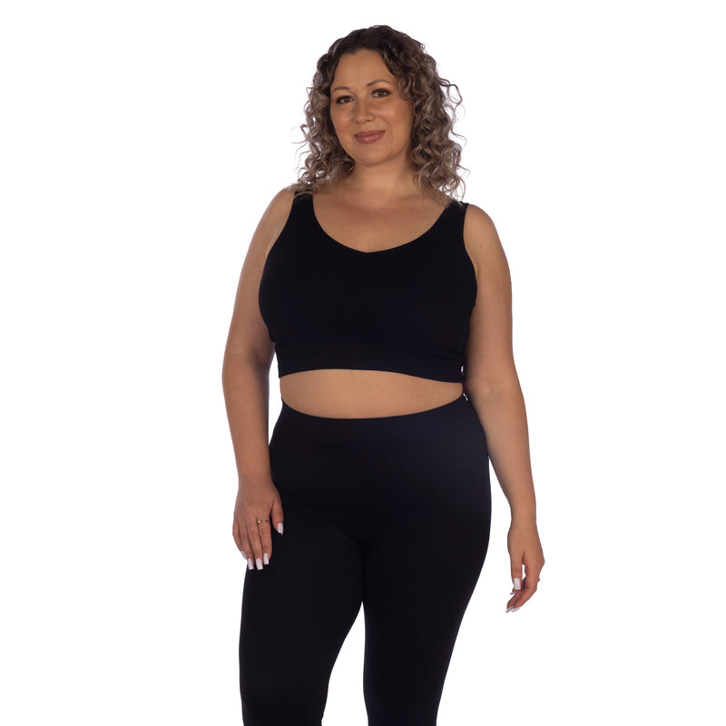 Black Plus Soft Ribbed V Neck Crop Top