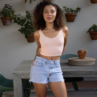 Blossom Soft Ribbed V Neck Crop Top Girl Outside Wearing Jean Shorts