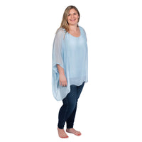 Baby Blue Plus Three Quarter Sleeve Solid Silk Top