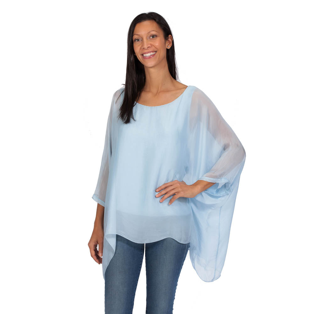 Baby Blue Three Quarter Sleeve Solid Silk Top