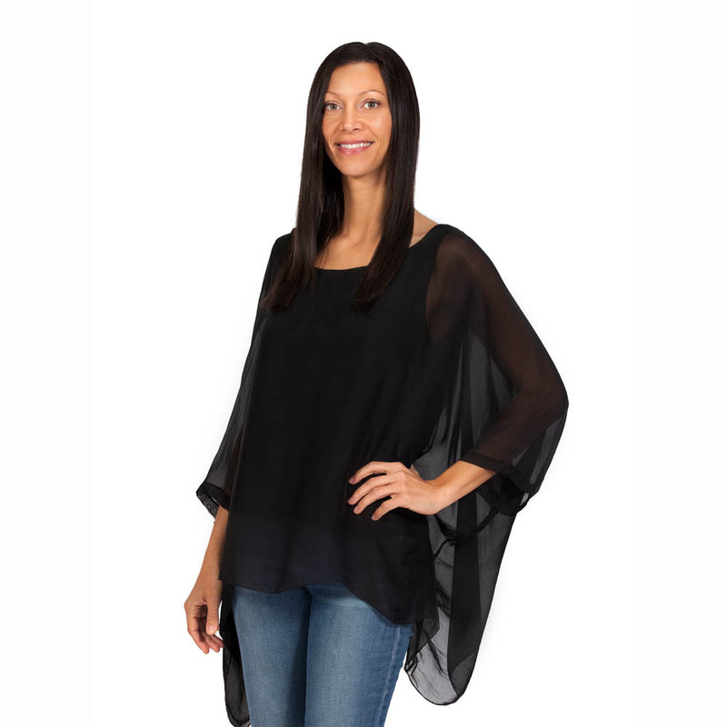 Black Three Quarter Sleeve Solid Silk Top