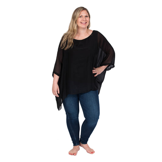 Black Plus Three Quarter Sleeve Solid Silk Top